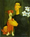 woman with dog and flowers